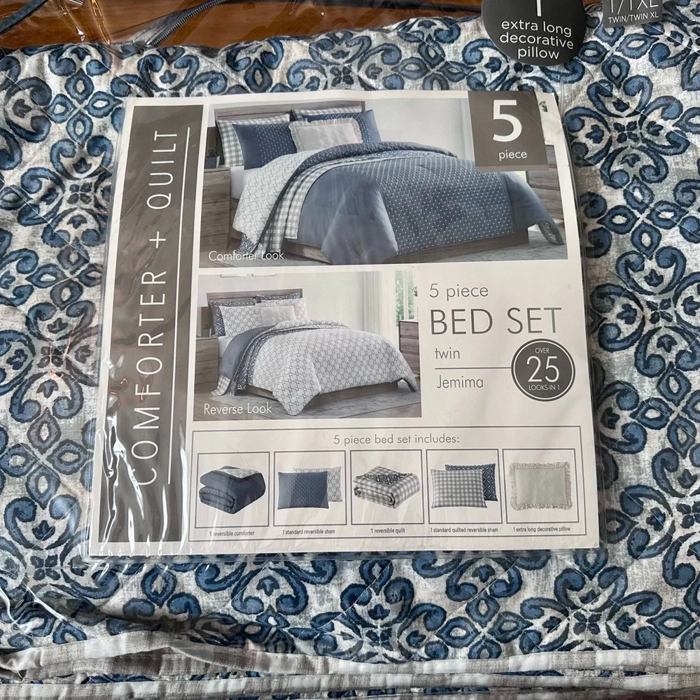 Reversible Comforter and Quilt Bedding Set-Blue, White, Taupe Pattern-Twin/T-XL